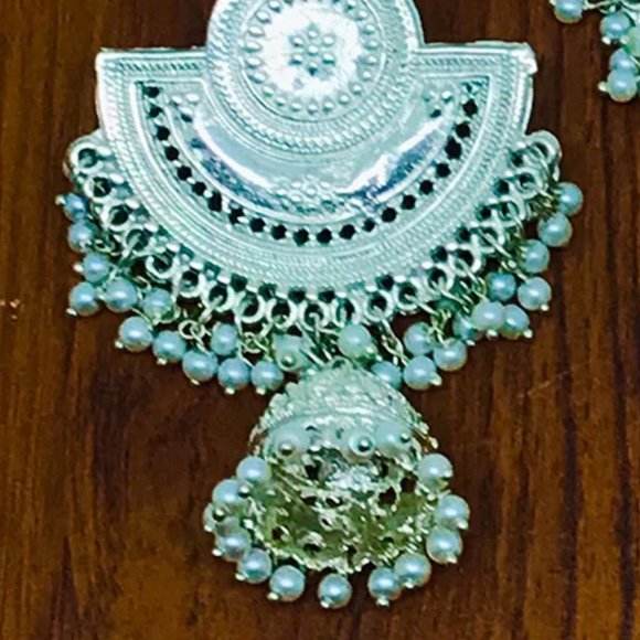 Massive Dangle Earrings, Oxidized Silver Indian Earrings, Handmade Silver Tone - Picture 6 of 8